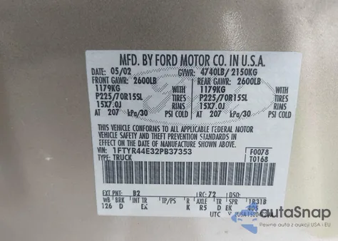 2002 Ford Ranger Xlt from USA, damaged, VIN 1FTYR44E32PB37353